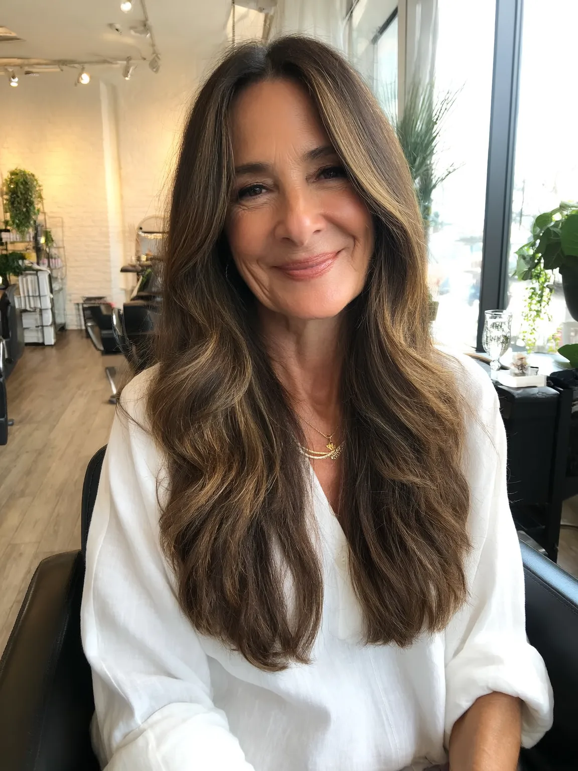 Warm Caramel Brown Long Wavy Layers without Bangs